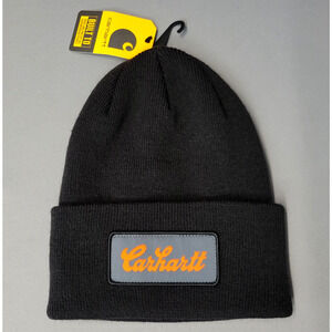 Carhartt Hat Beanie Fitted Mens One Size Black Workwear Knit Cuff Patch Logo